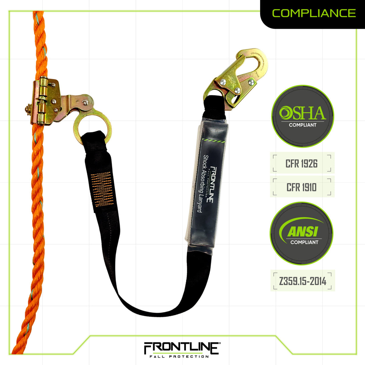 Frontline Fall Protection Rpgc50 Frontline VLP+RGSS58ES Premium Vertical Lifeline with Shock Pack and O ...