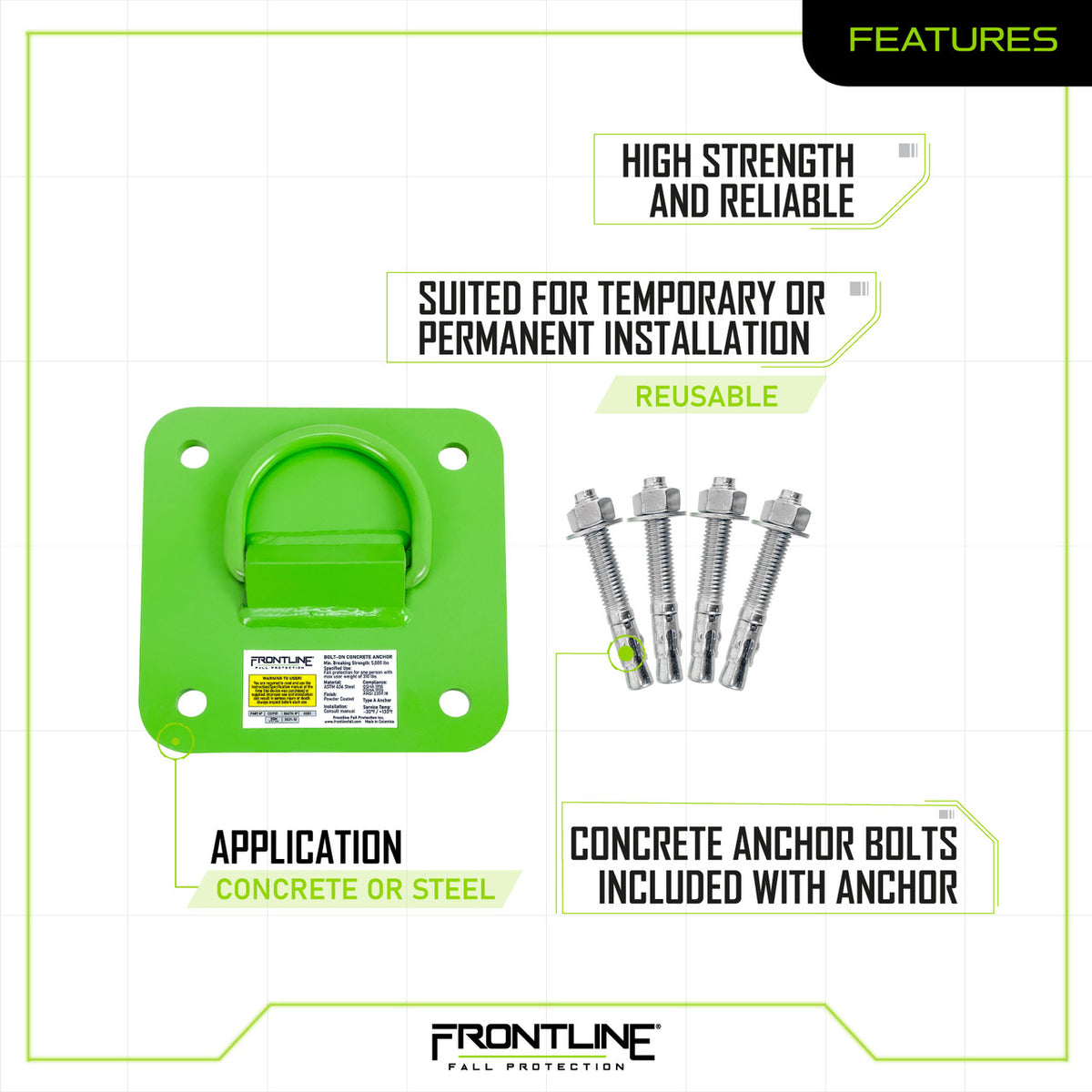 Frontline Fall Protection Rpgc50 Frontline COP01 Concrete and Steel D-Ring Reusable Anchor Plate ...