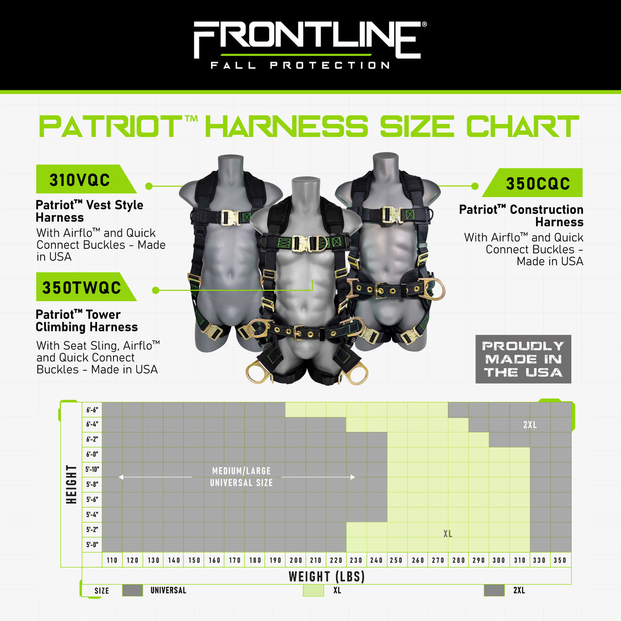 Frontline 350CQC Patriot™ Construction Harness with Airflo™ and Quick Connect Buckles - Made in USA