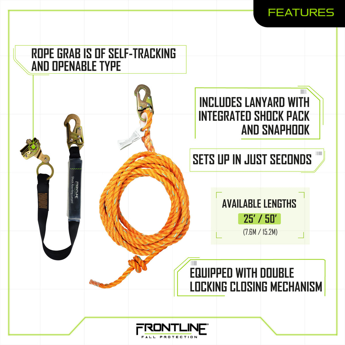 Frontline Fall Protection Rpg50 Frontline VLP+RGSS58ES Premium Vertical Lifeline with Shock Pack and O ...