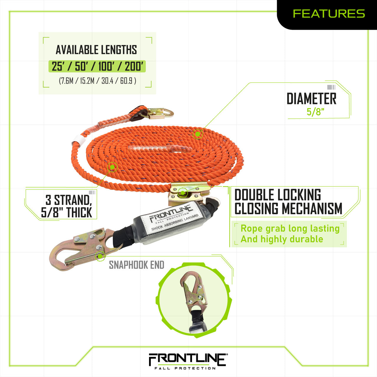 Frontline VLPR3L Premium Vertical Lifeline with Self-Tracking Manual Rope Grab and Shock Pack