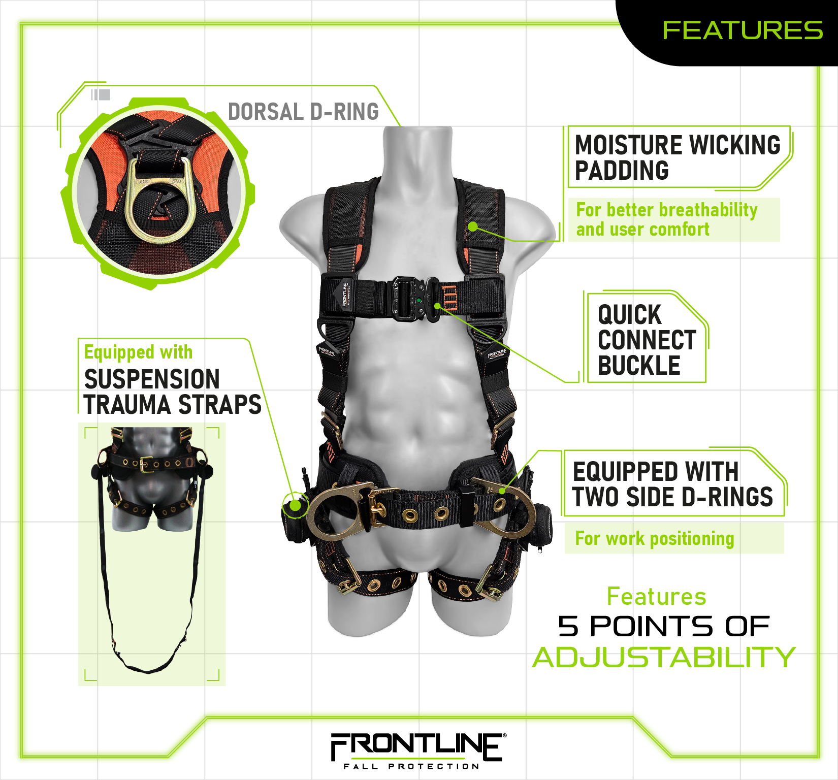 Frontline 100CTB Combat™ Construction Full Body Harness with Tongue Buckle Legs and Trauma Straps