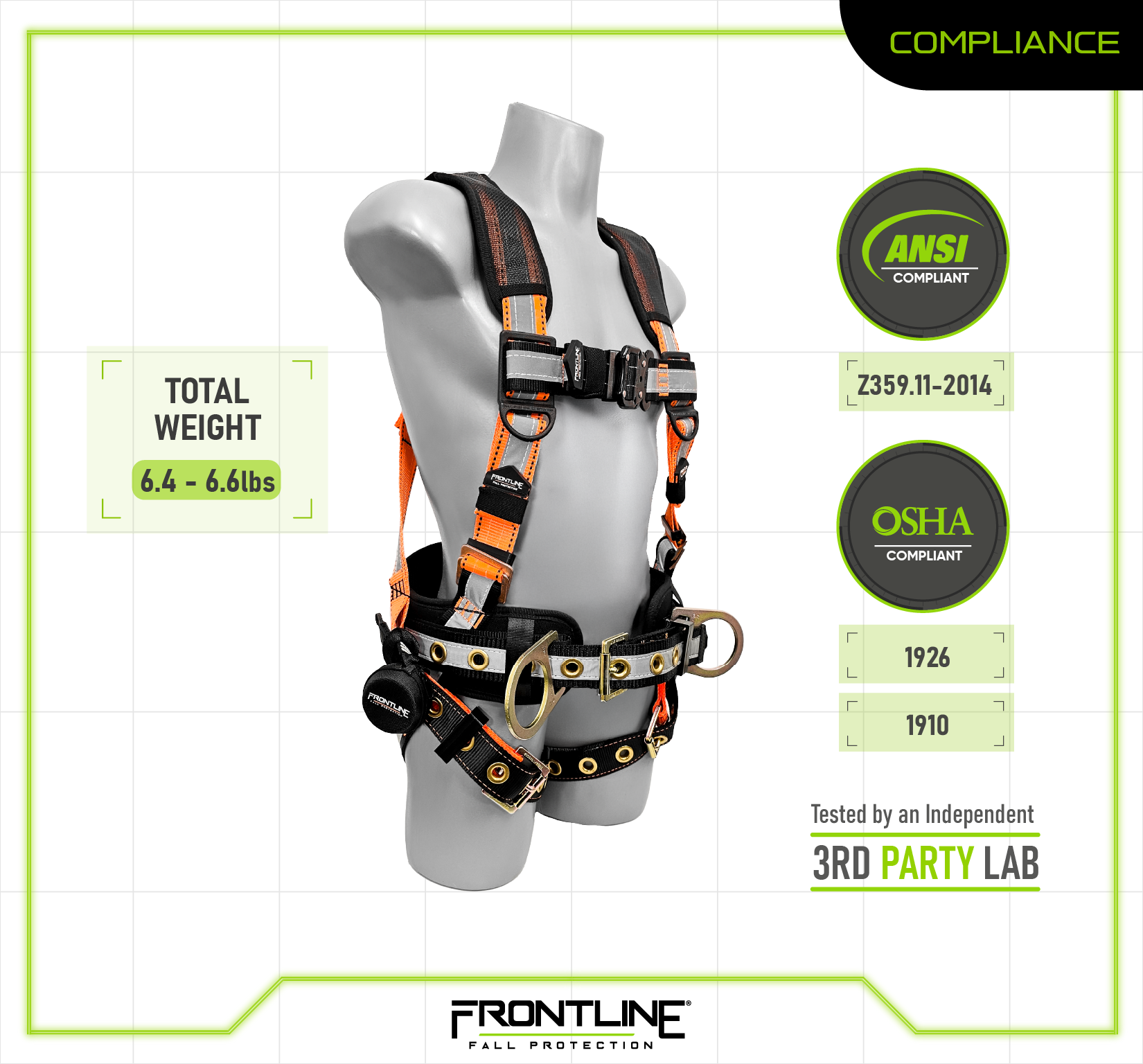 Frontline 100RCTB Combat™  Reflective Construction Full Body Harness with Tongue Buckle Legs and Trauma Straps