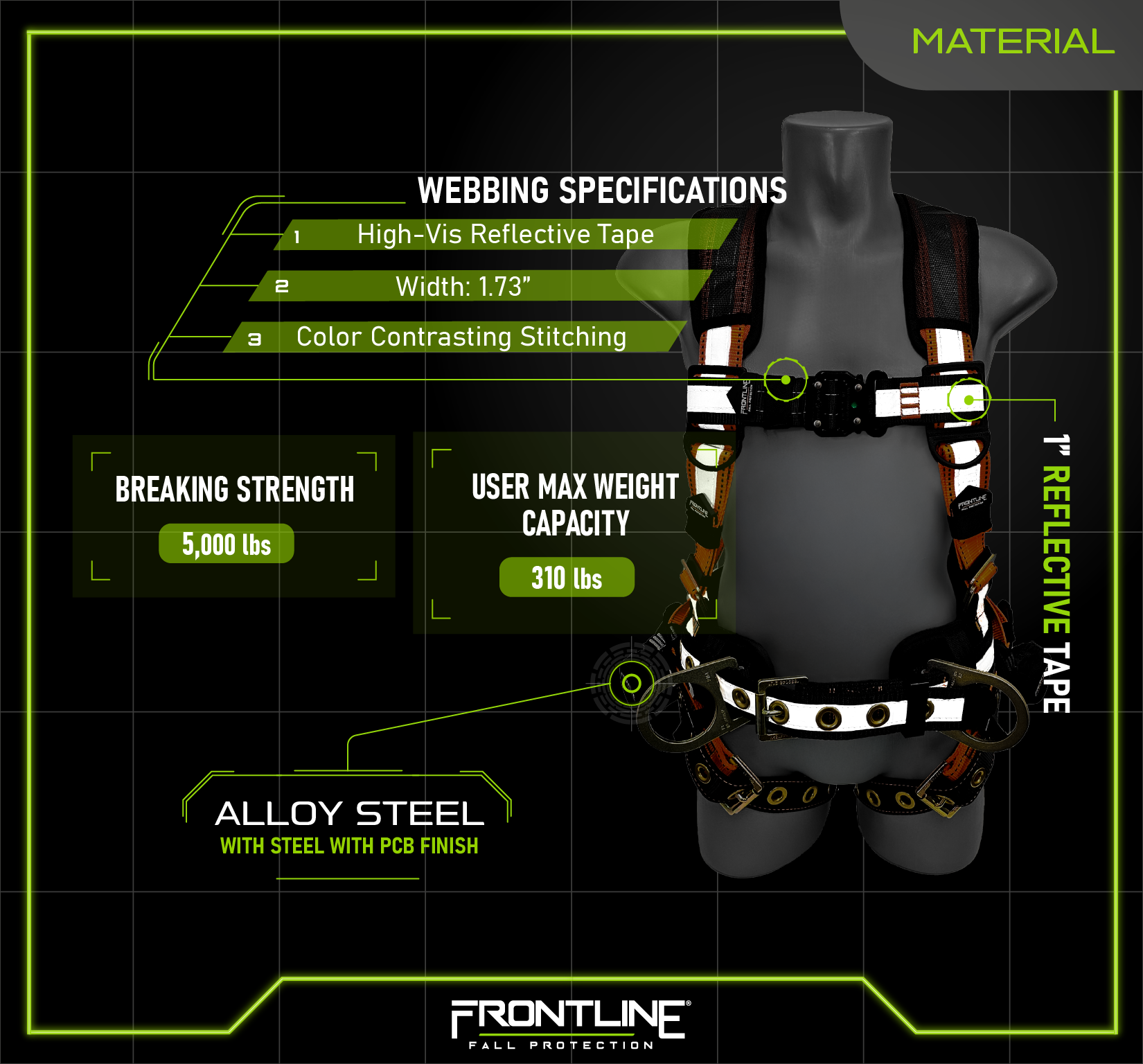 Frontline 100RCTB Combat™  Reflective Construction Full Body Harness with Tongue Buckle Legs and Trauma Straps