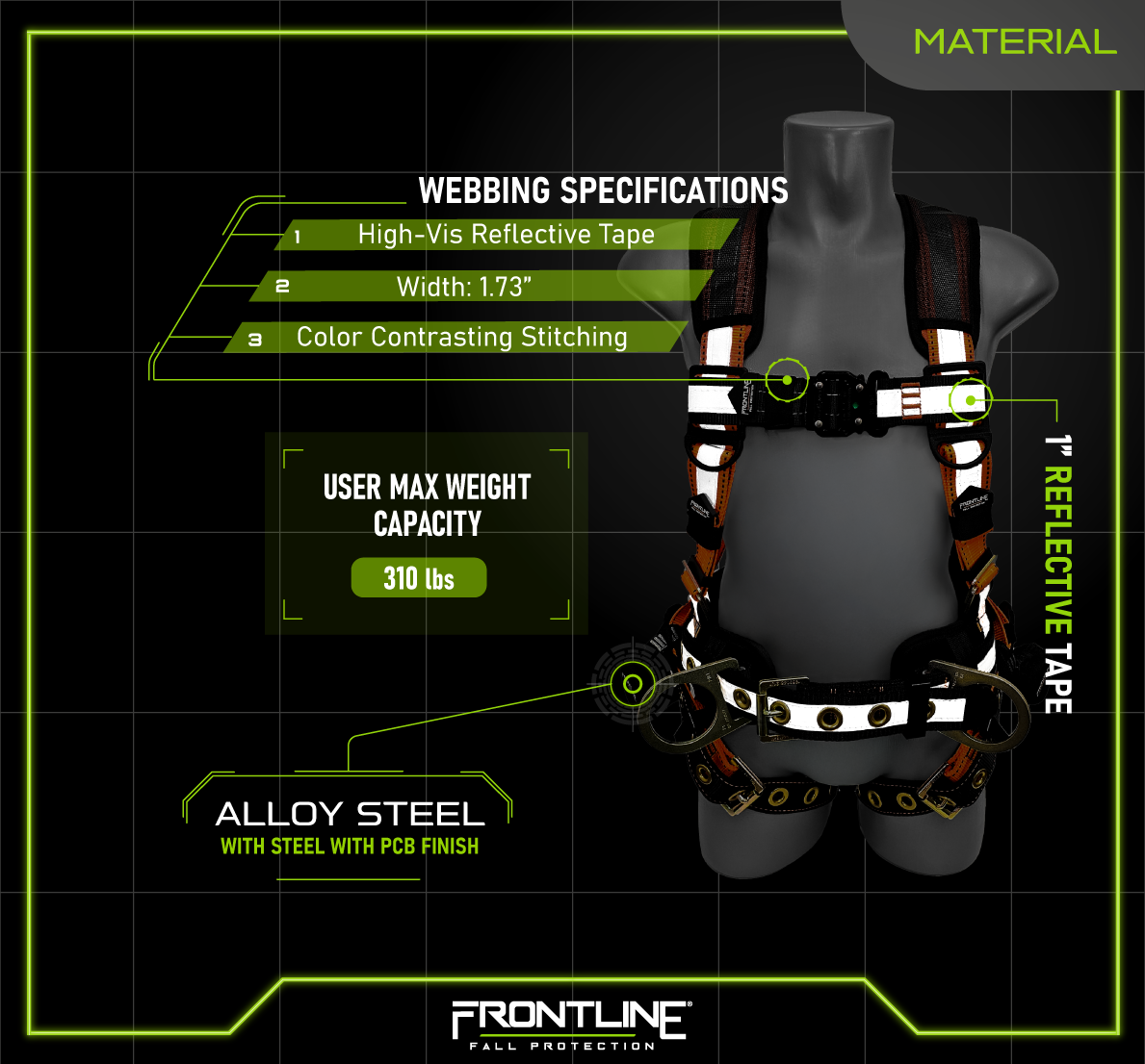 Frontline 100RCTB Combat™  Reflective Construction Full Body Harness with Tongue Buckle Legs and Trauma Straps