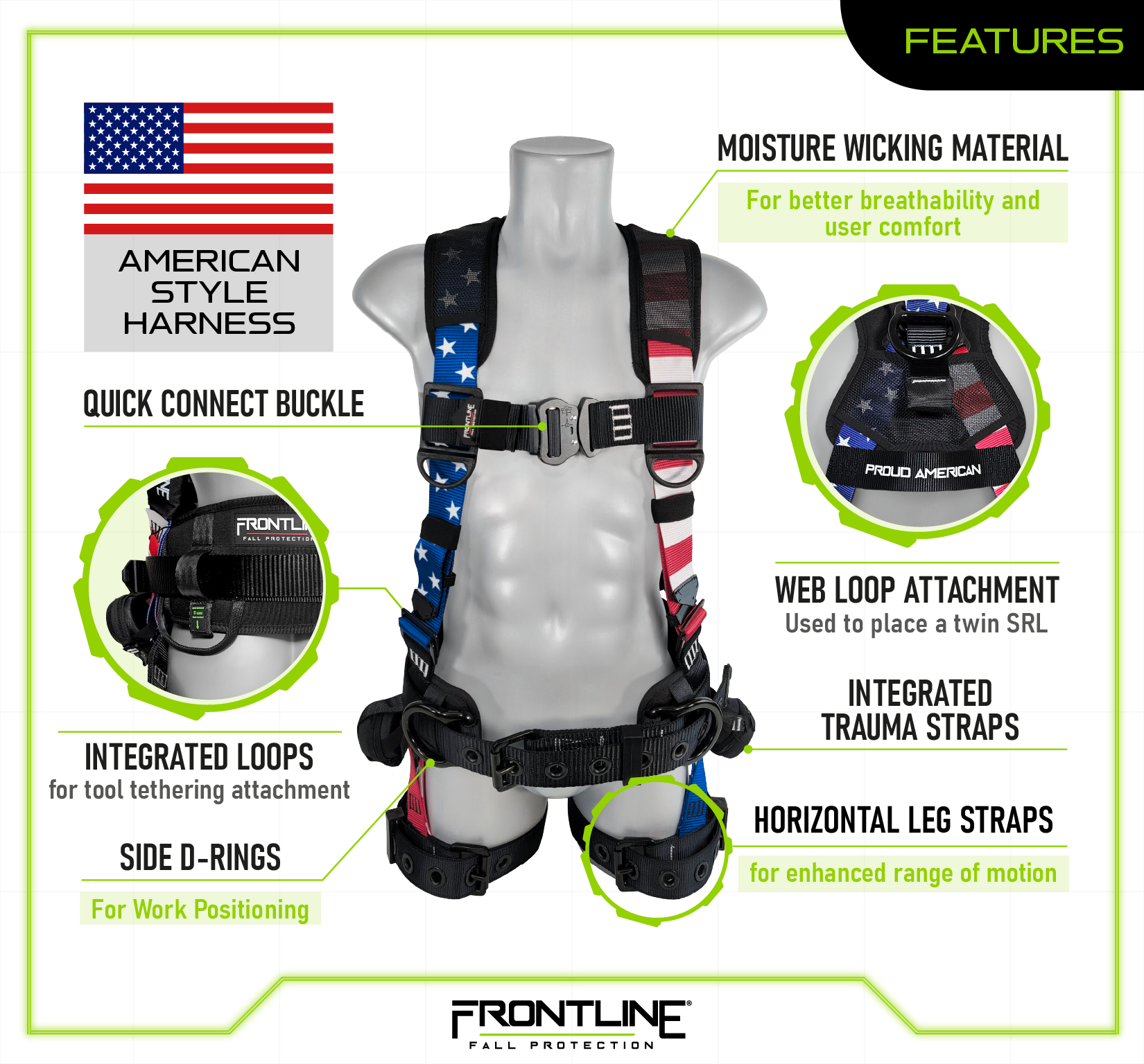Frontline 110CTB-AM American Style Full Body Harness with Aluminum Hardware and Suspension Trauma Straps