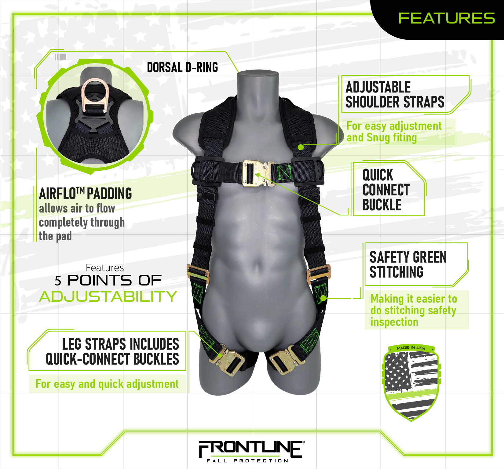 Frontline 310VQC Patriot™ Vest Style Harness with Airflo™ and Quick Connect Buckles - Made in USA