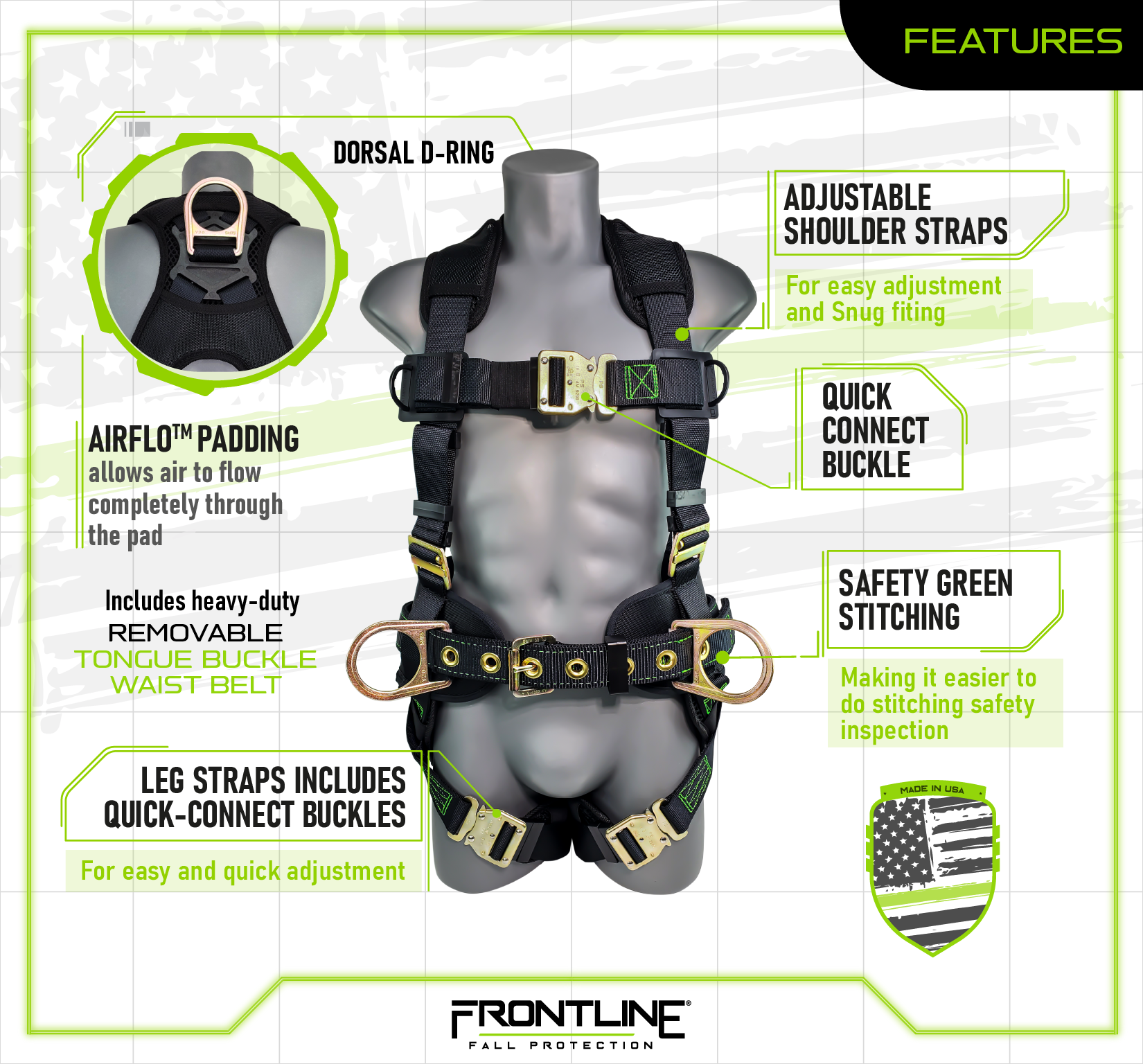 Frontline 350CQC Patriot™ Construction Harness with Airflo™ and Quick Connect Buckles - Made in USA