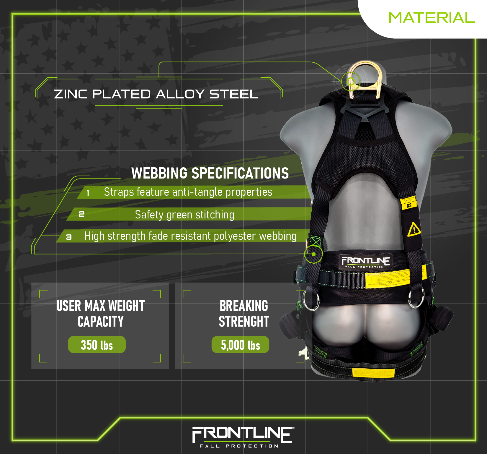 Frontline 350TWQC Patriot™ Tower Climbing Harness with Seat Sling, Airflo™ and Quick Connect Buckles - Made in USA