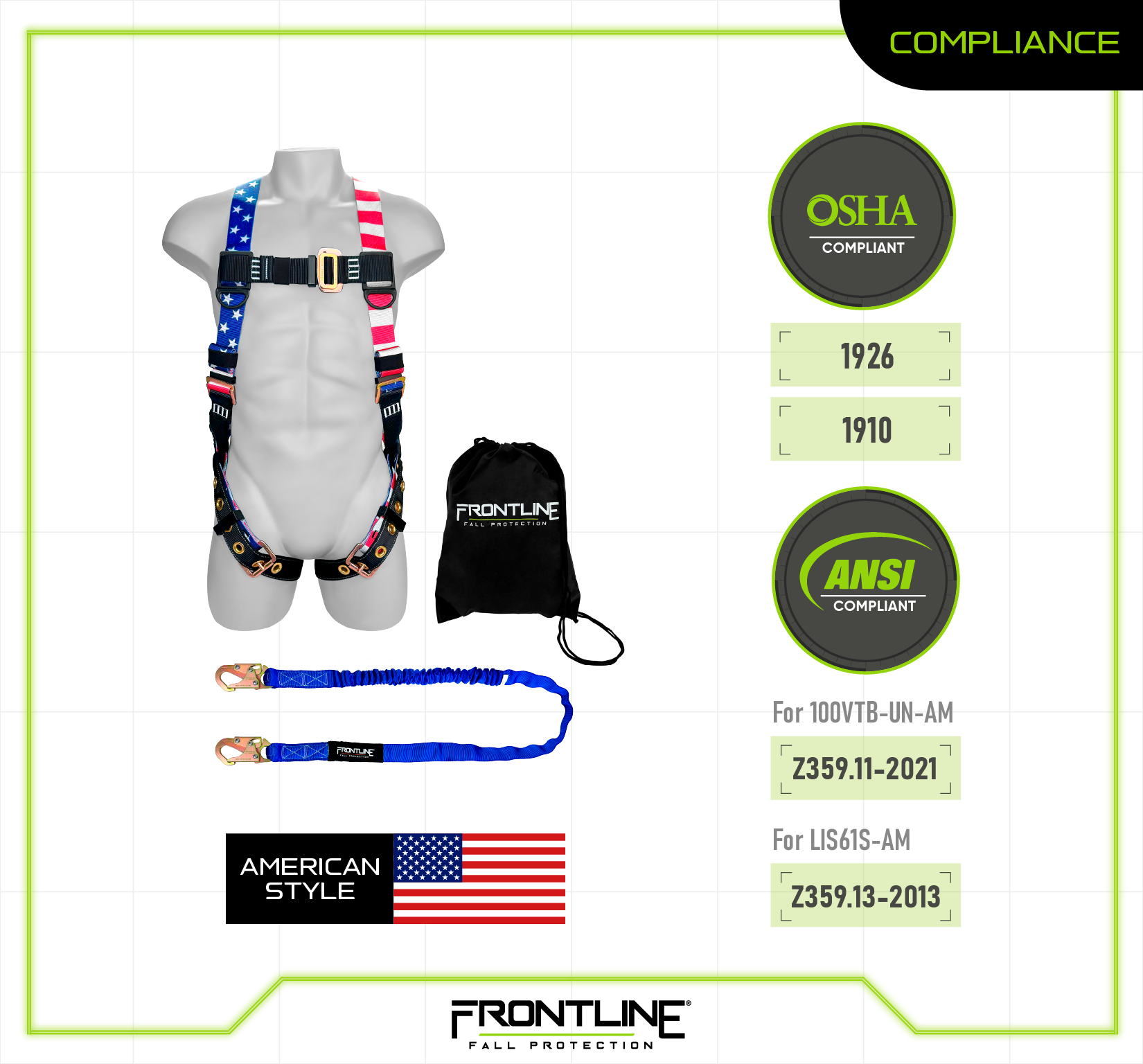Frontline K100-61S-AM Combat™ American Style Compliance Kit - Harness, 6' Single Leg Lanyard and Drawstring Bag