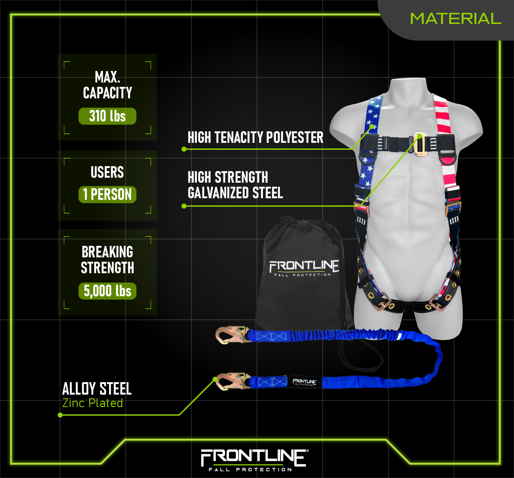 Frontline K100-61S-AM Combat™ American Style Compliance Kit - Harness, 6' Single Leg Lanyard and Drawstring Bag