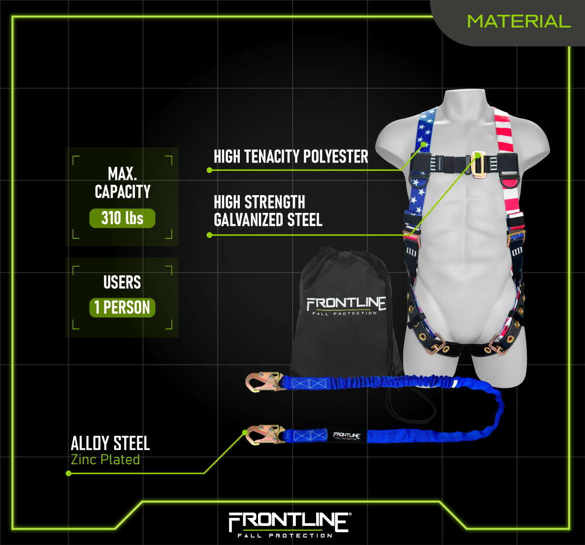 Frontline K100-61S-AM Combat™ American Style Compliance Kit - Harness, 6' Single Leg Lanyard and Drawstring Bag