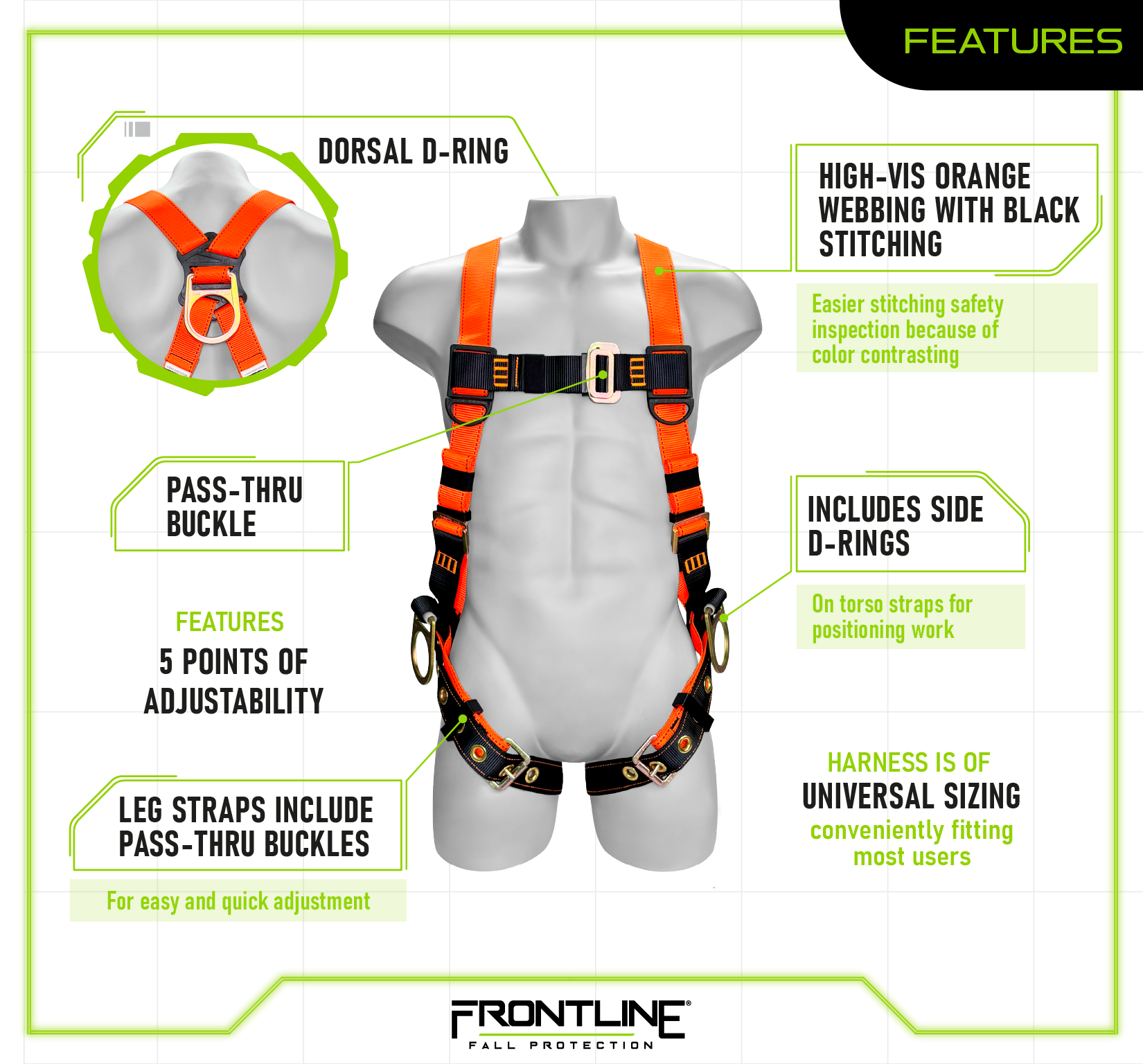 Frontline 100VTB-UN-3D Combat™ Economy Series Full Body Positioning Harness with 3D Rings (Uni)
