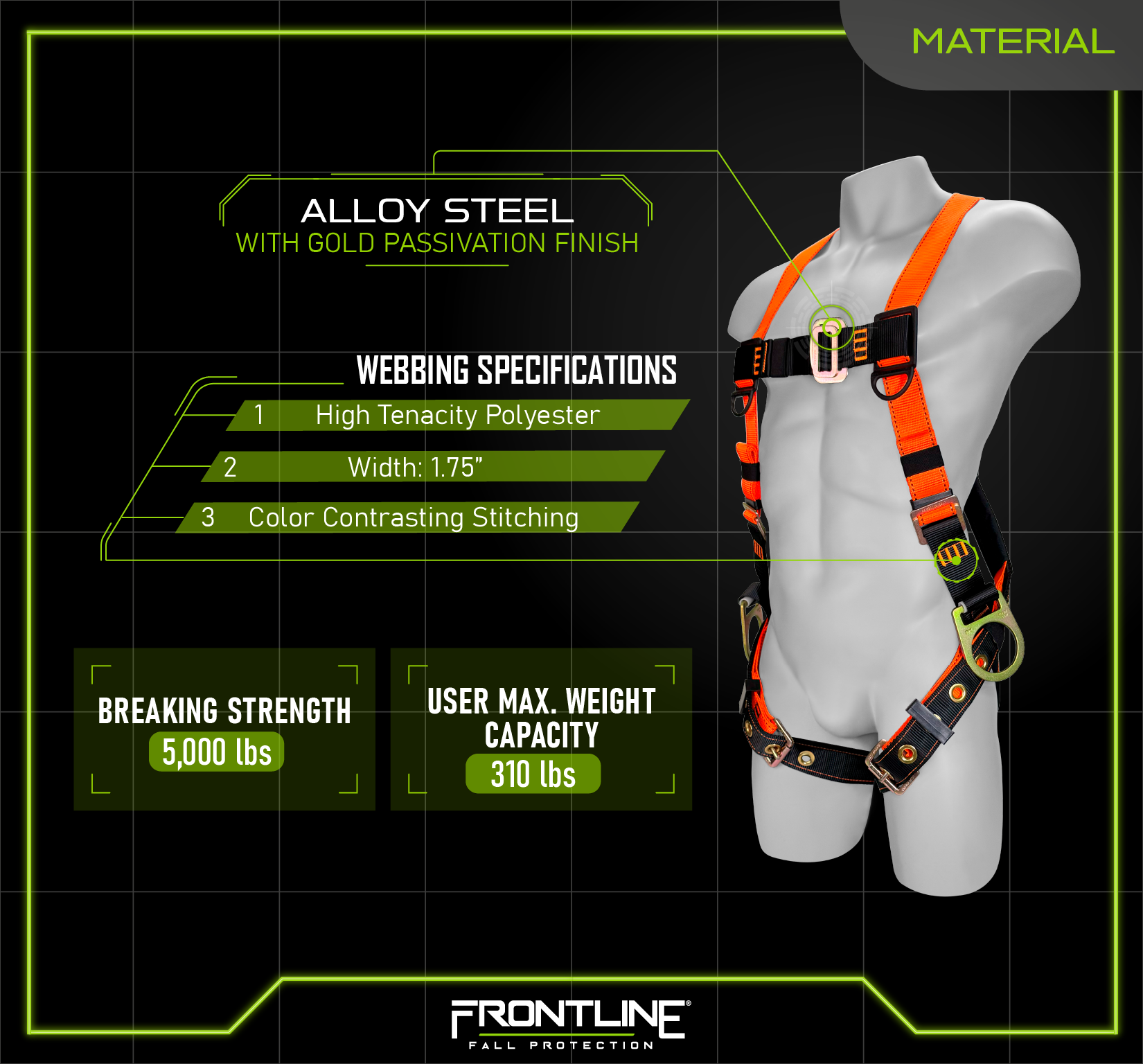 Frontline 100VTB-UN-3D Combat™ Economy Series Full Body Positioning Harness with 3D Rings (Uni)