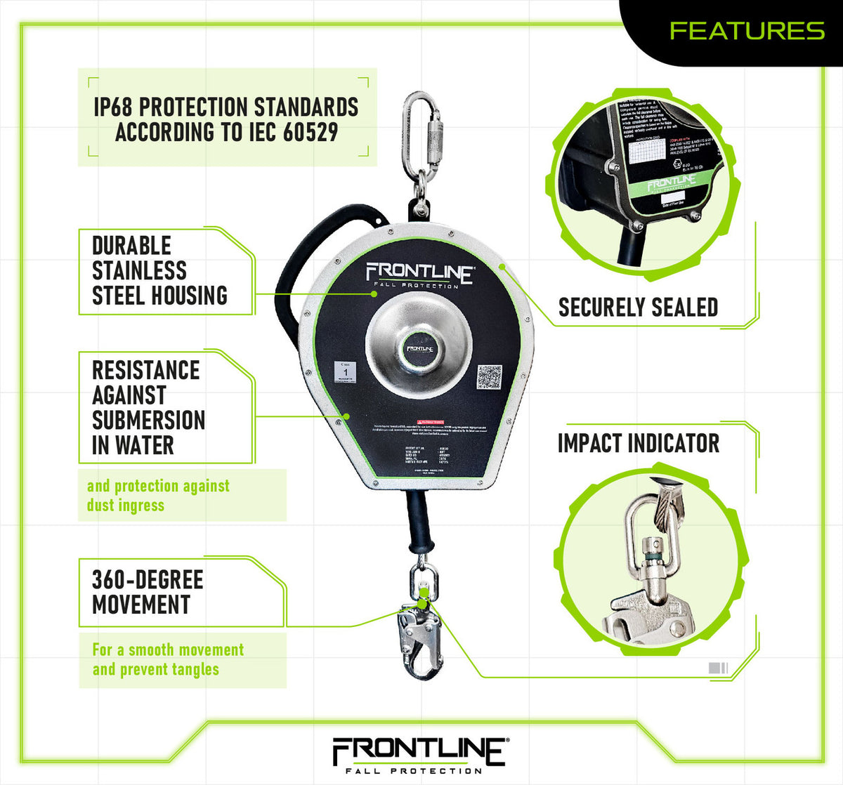 Frontline Fall Protection Rpg50 Frontline RSBC Sealed Block Stainless Steel Self Retracting Lifeline ...