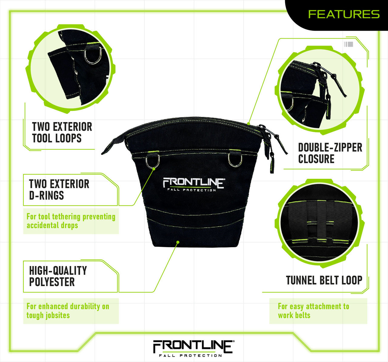 Frontline TP10 10 lbs ToolGrip™ Tool Pouch with Tool D-Rings, Tool Slots and Zipper Closure