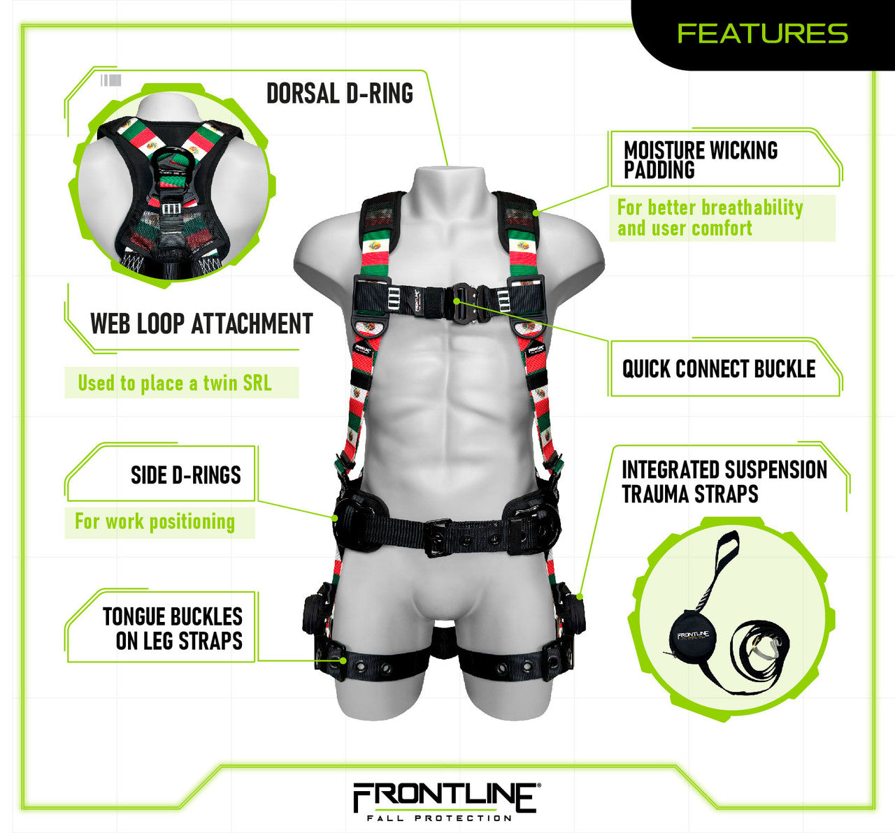 Frontline 110CTB-MX Combat™ Mexican Style Full Body Harness with Aluminum Hardware and Suspension Trauma Straps