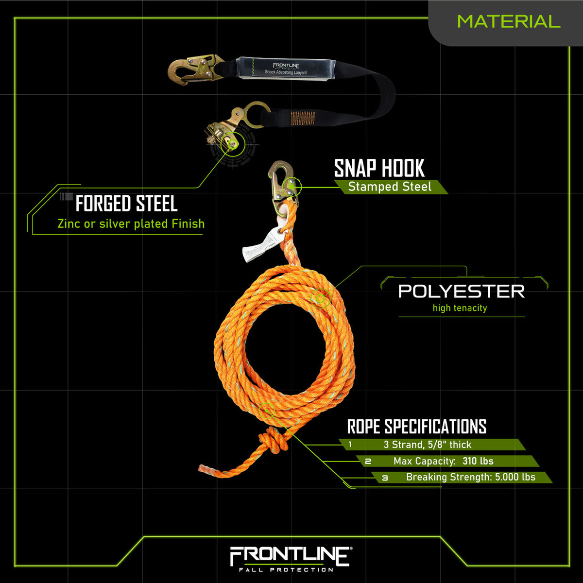Frontline Fall Protection Rpg50 Frontline VLP+RGSS58ES Premium Vertical Lifeline with Shock Pack and O ...