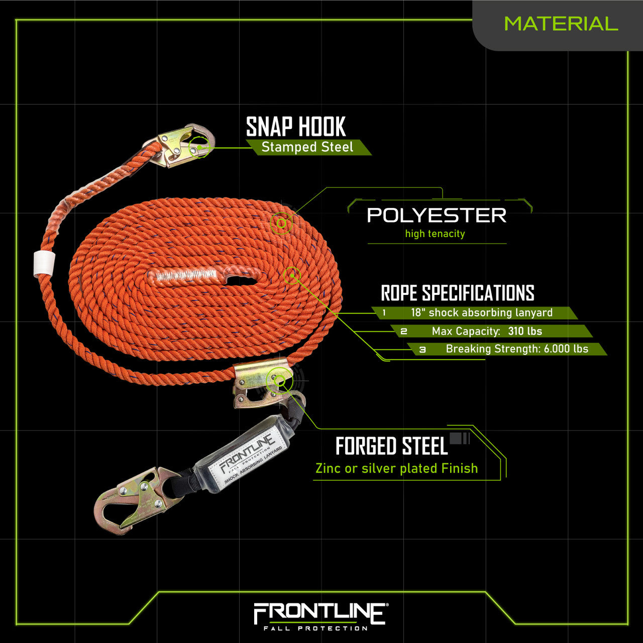 Frontline VLPR3L Premium Vertical Lifeline with Self-Tracking Manual Rope Grab and Shock Pack