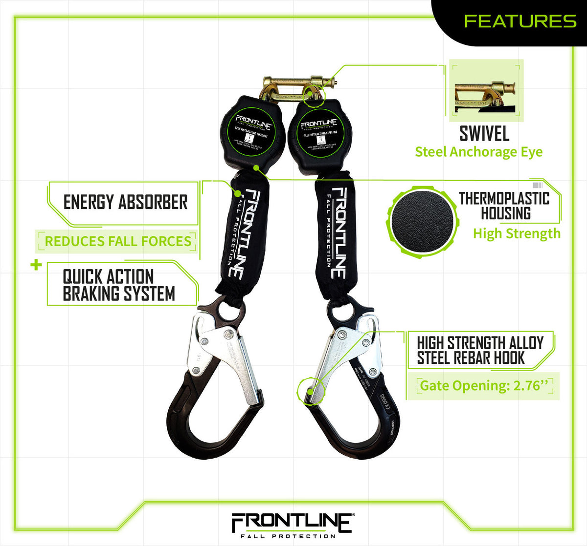 Frontline Fall Protection Rpgc50 Frontline RPA062RA Aramid Twin Fiber Web 6' SRL with Aluminum Rebar Ho ...
