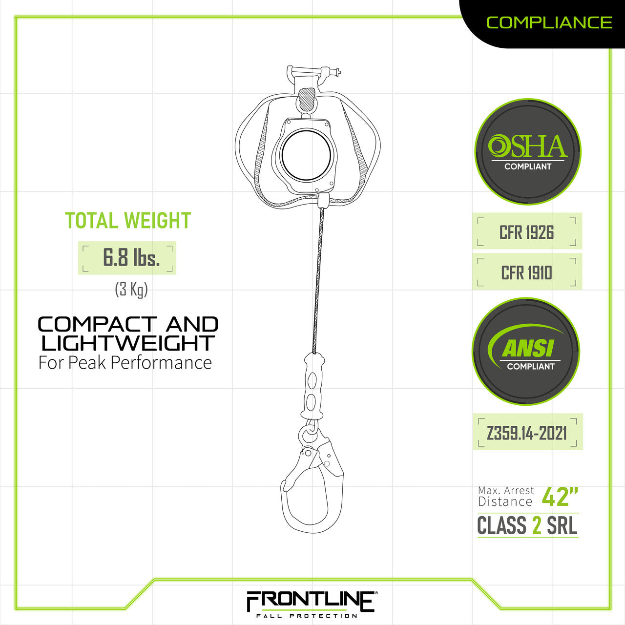 Frontline Fall Protection Rpg50 Frontline RPG081RLE Leading Edge Cable Single Leg 8' SRL with Steel Re ...