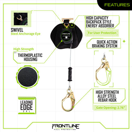 Frontline RPG081RLE Leading Edge Cable Single Leg 8' SRL with Steel Rebar Hook End