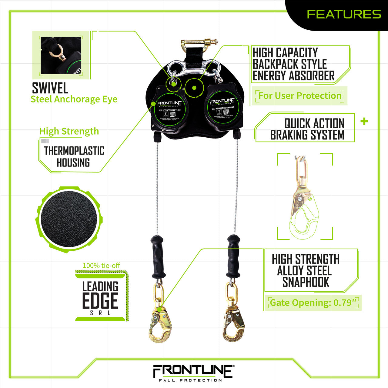 Frontline RPG082SLE Leading Edge Cable Twin Leg 8' SRL with Steel Snap Hook Ends