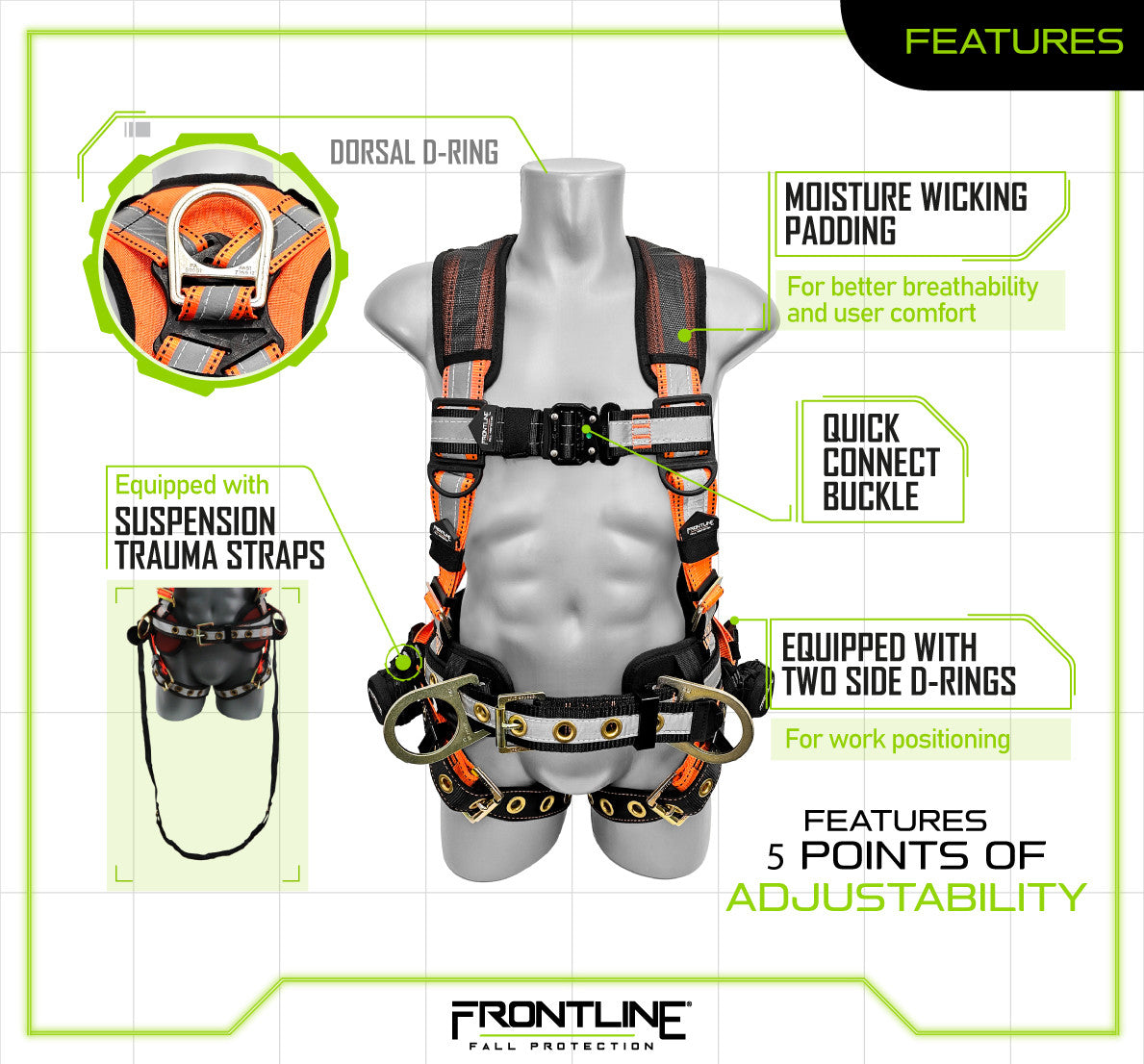 Frontline 100RCTB Combat™  Reflective Construction Full Body Harness with Tongue Buckle Legs and Trauma Straps