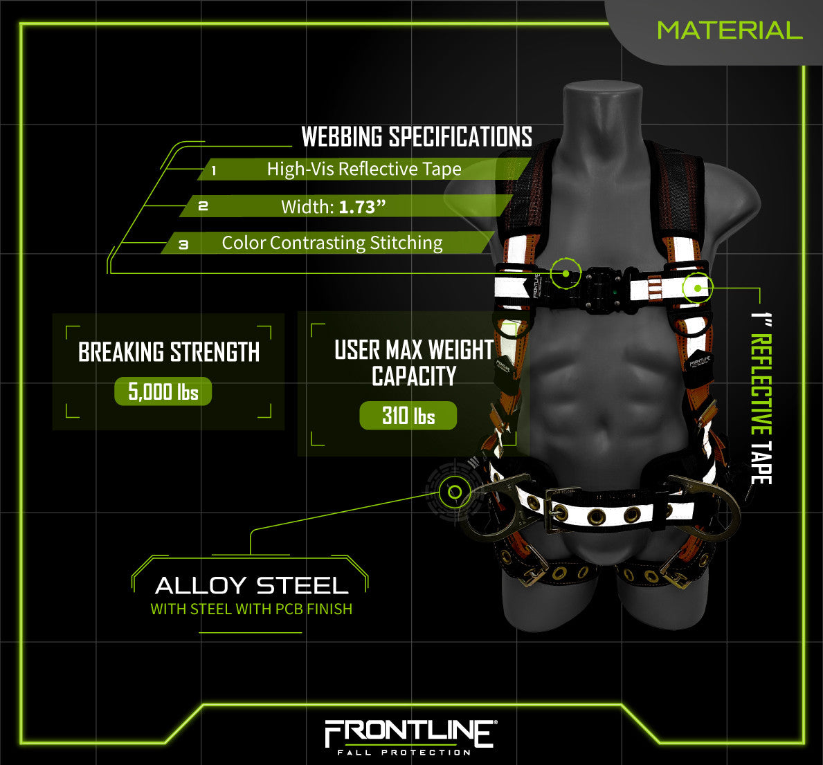 Frontline 100RCTB Combat™  Reflective Construction Full Body Harness with Tongue Buckle Legs and Trauma Straps