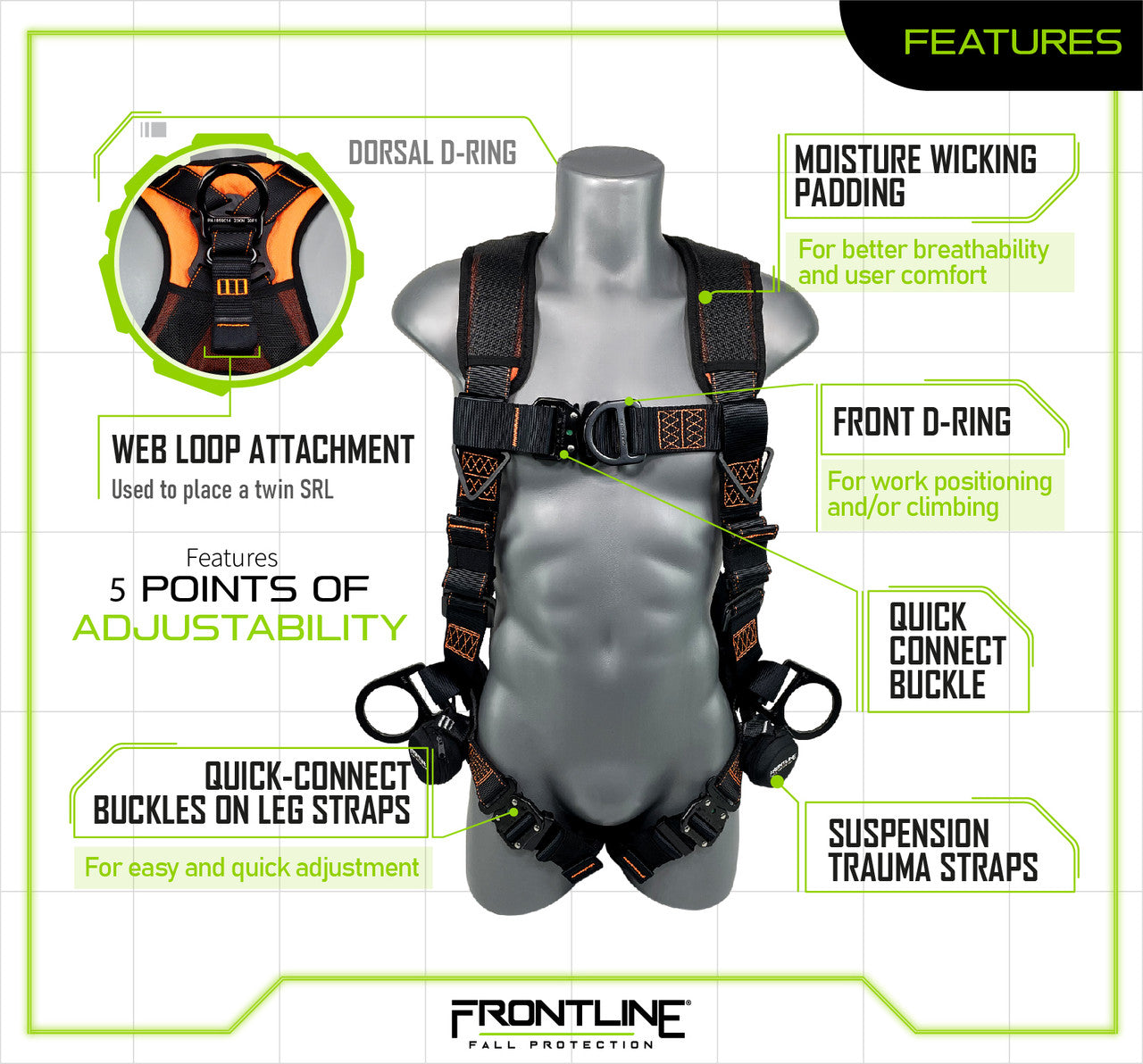Frontline 105CFTB Combat™ Vest Style Harness with Front Side D-Rings and Suspension Trauma Straps