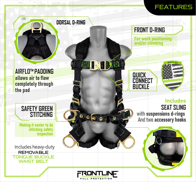 Frontline 350TWQC Patriot™ Tower Climbing Harness with Seat Sling, Airflo™ and Quick Connect Buckles - Made in USA