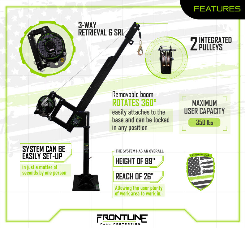 Frontline Fall Protection Rpg50 Frontline DAN75RA-US Patriot™ Confined Space Davit with 50' 3-Way Retr ...