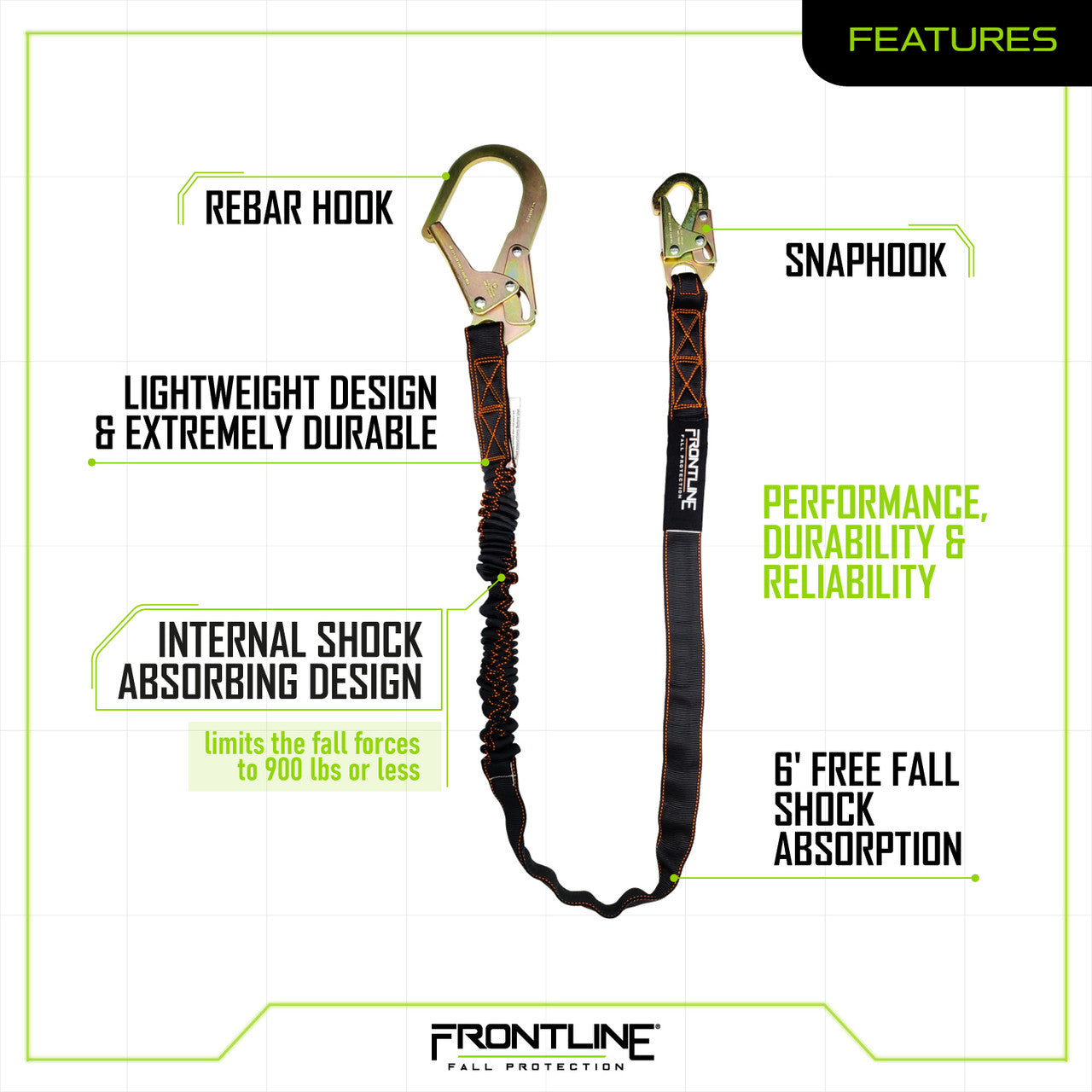 Frontline LIS61R Combat™ 6' Single Leg Rebar Hook End Lanyard with Internal Shock Absorber