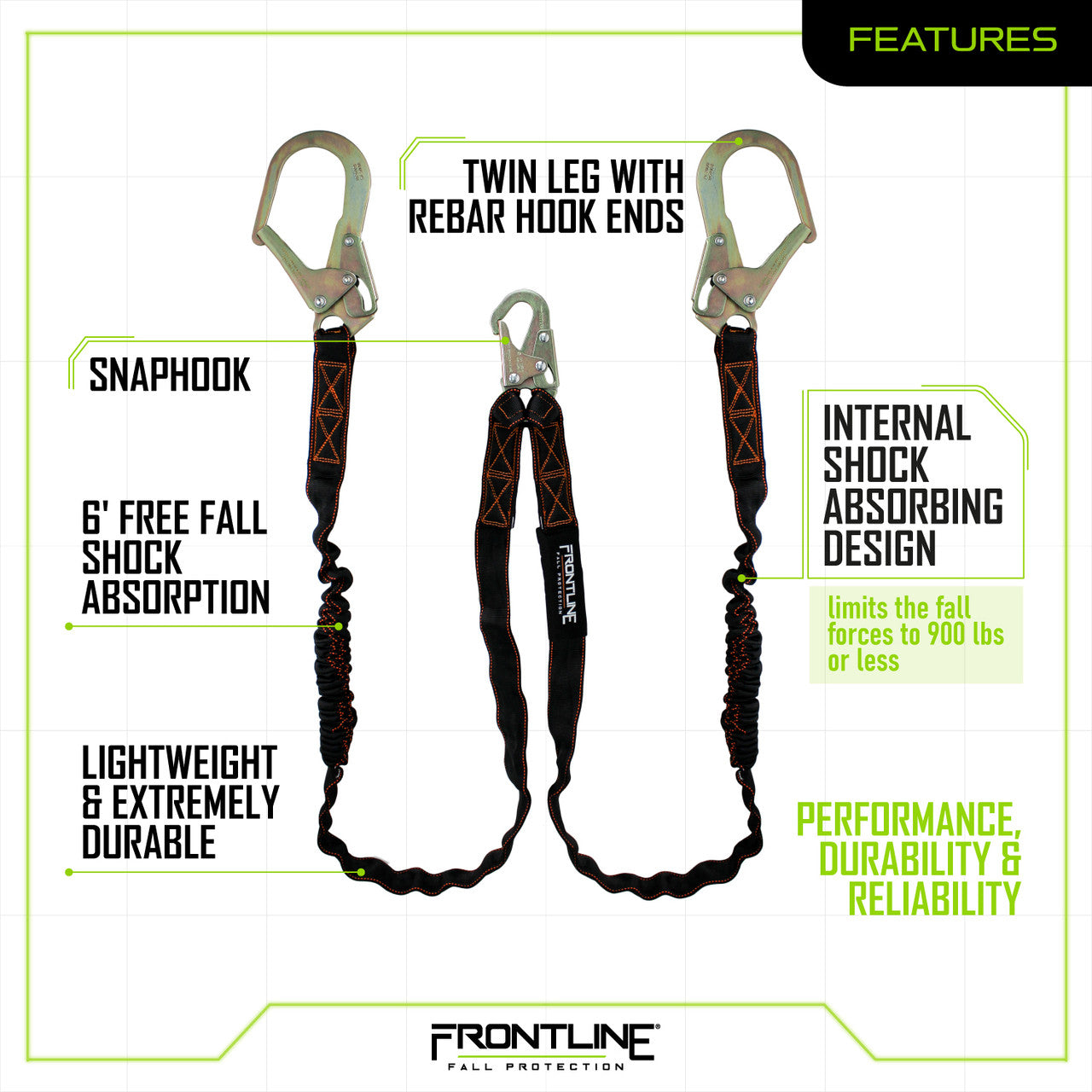 Frontline K100-62R Combat™ Compliance Kit - Harness, 6' Double Rebar Hook Leg Lanyard and Drawstring Bag