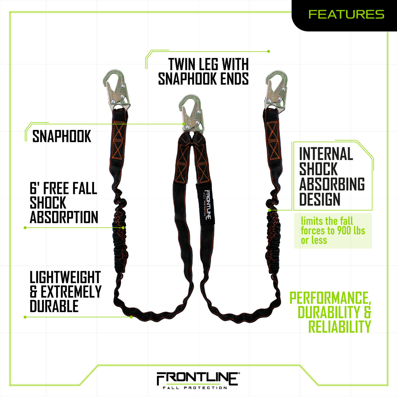 Frontline LIS62S Combat™ 6' Double Leg Snaphook Lanyard with Internal Shock Absorber