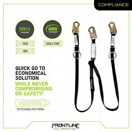 Frontline LPO62SADJ Combat™ 6' Tie-Back Double Leg  Shock Absorbing Lanyard with Snaphooks