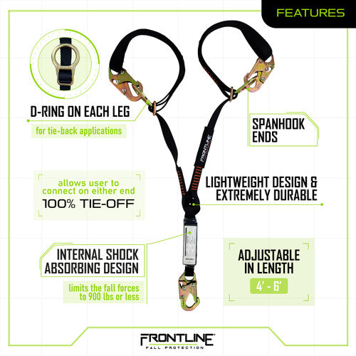 Frontline LPO62SADJ Combat™ 6' Tie-Back Double Leg  Shock Absorbing Lanyard with Snaphooks