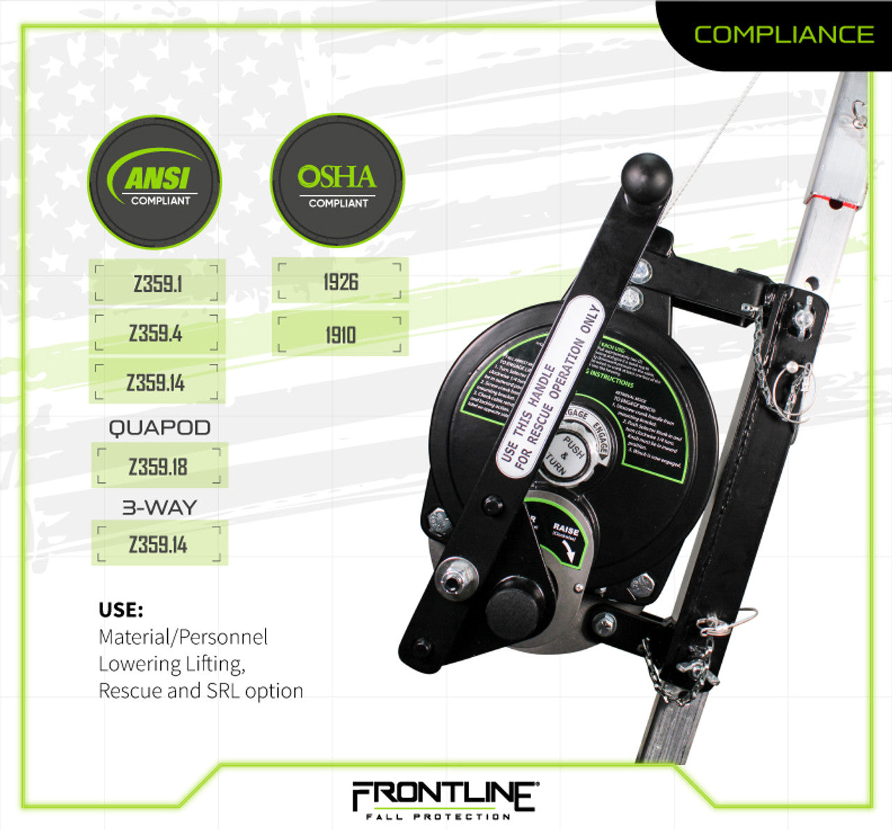 Frontline QAN75RA-US Patriot™ Confined Space Quadpod with 3-Way Retrieval System - Made in USA
