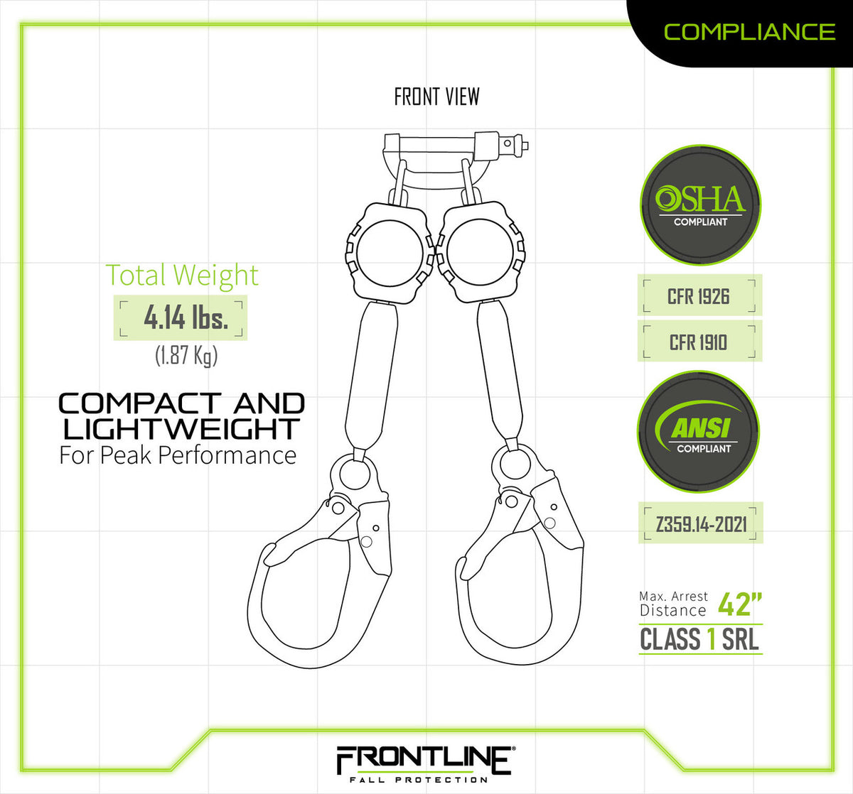Front Line Systems Frontline RPA062R Aramid Fiber Web Twin Leg 6' SRL with Steel Rebar Ho ...