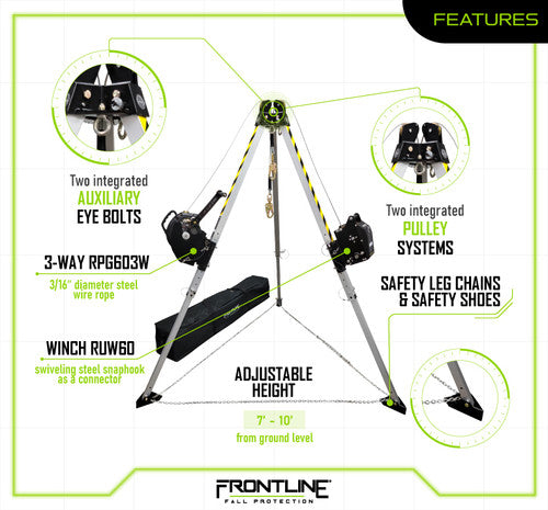 Frontline TAN10RURP MEGApod Confined Space 10' Aluminum Tripod with 60' Winch and 3-Way SRL