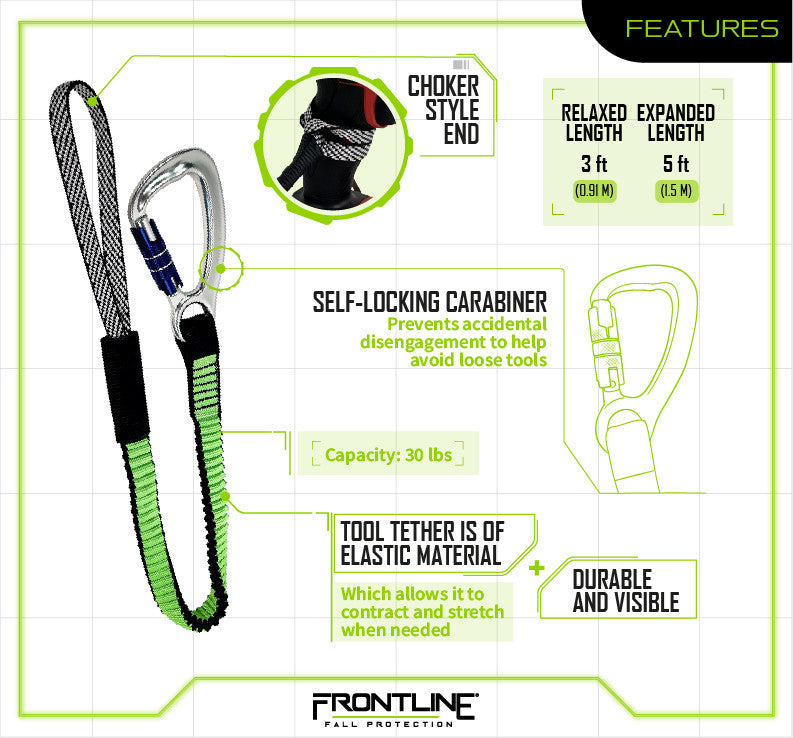 Frontline TLS30 ToolGrip™ Elastic Tool Tether 30 lbs with Self-locking Aluminum Carabiner