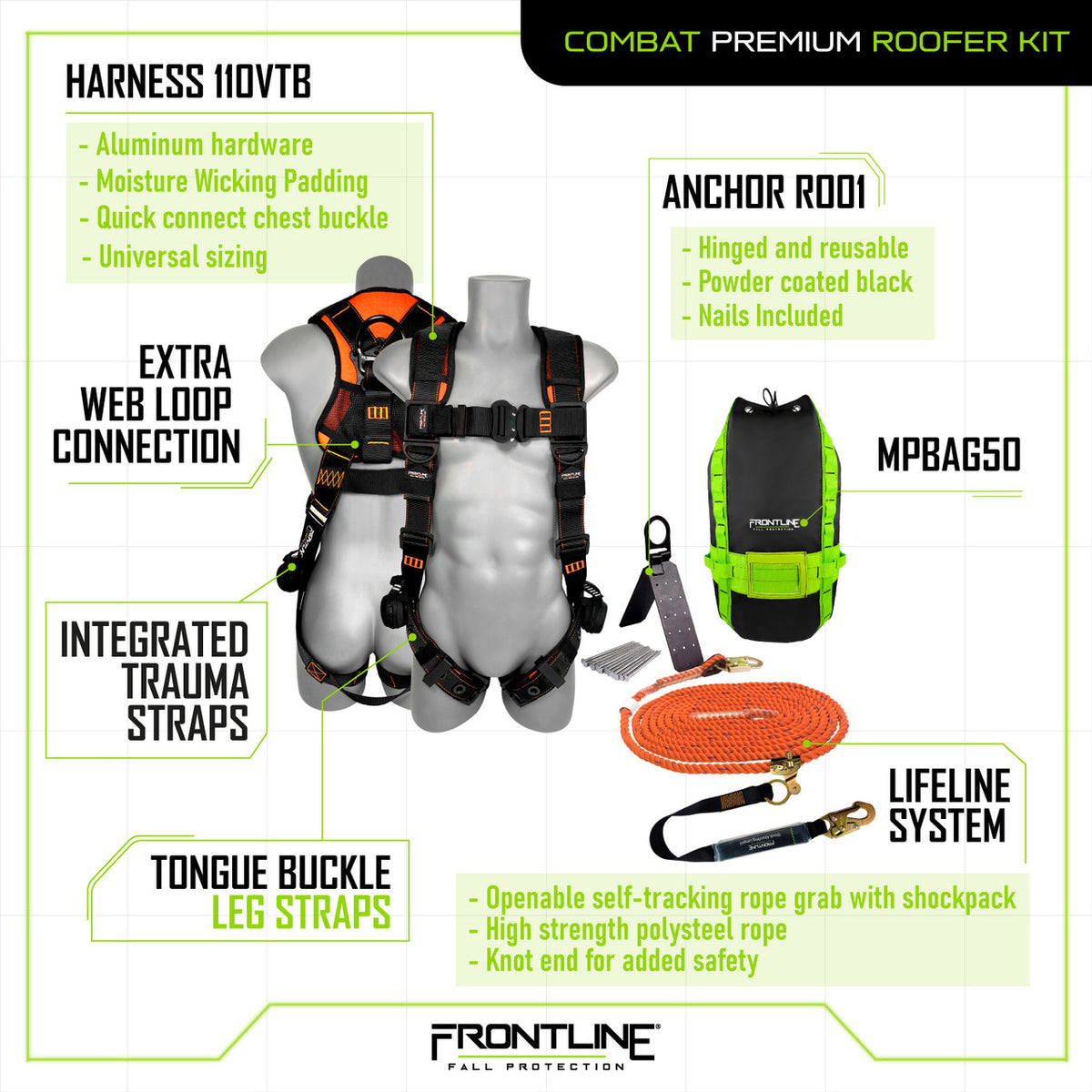 Frontline Fall Protection Rpg50 Frontline RK110V50 Combat™ Premium Complete Roofers Kit – Frontline ...