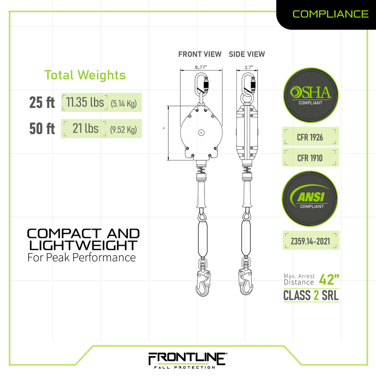 Frontline Fall Protection Rpg50 Frontline RPGLE Leading Edge Cable Single Leg SRL with Steel Snap Hook ...