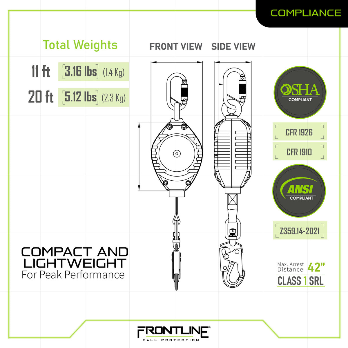 Frontline Fall Protection Rpgc50 Frontline RPW Web Single Leg SRL with Steel Snap Hook End – Frontline ...