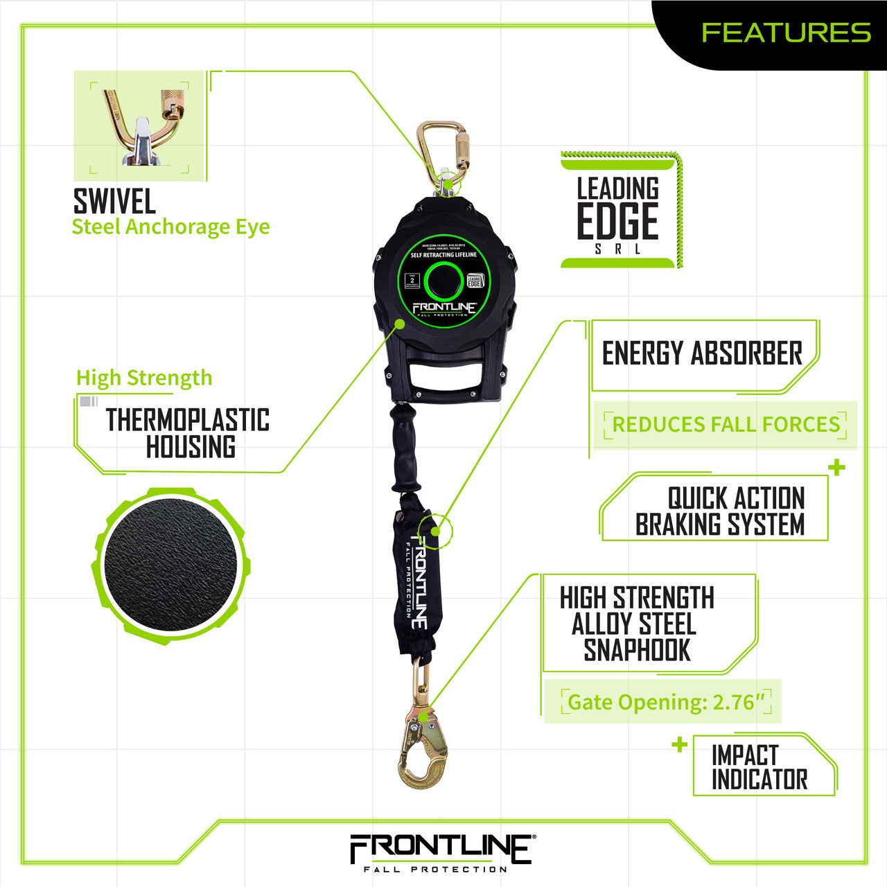 Frontline RPGCLE Leading Edge Cable Single Leg SRL with Steel Snap Hook End with Carry on Handle and Tagline