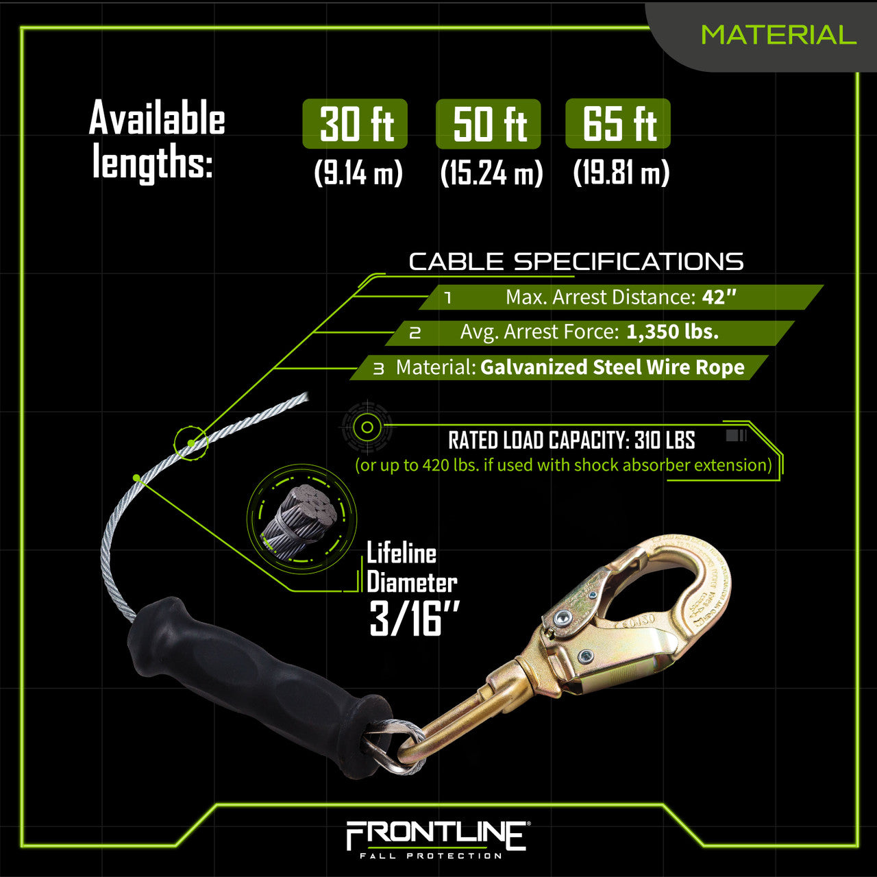 Frontline RPGCLE Leading Edge Cable Single Leg SRL with Steel Snap Hook End with Carry on Handle and Tagline