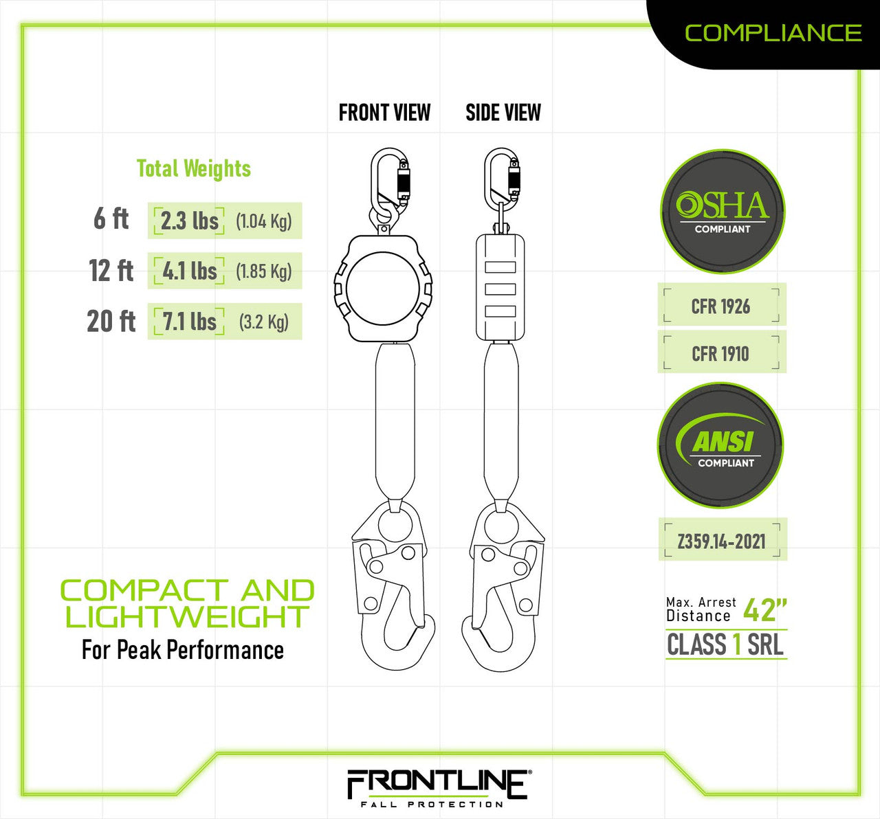Frontline RPAS Aramid Fiber Web Single Leg SRL with Steel Snap Hook End