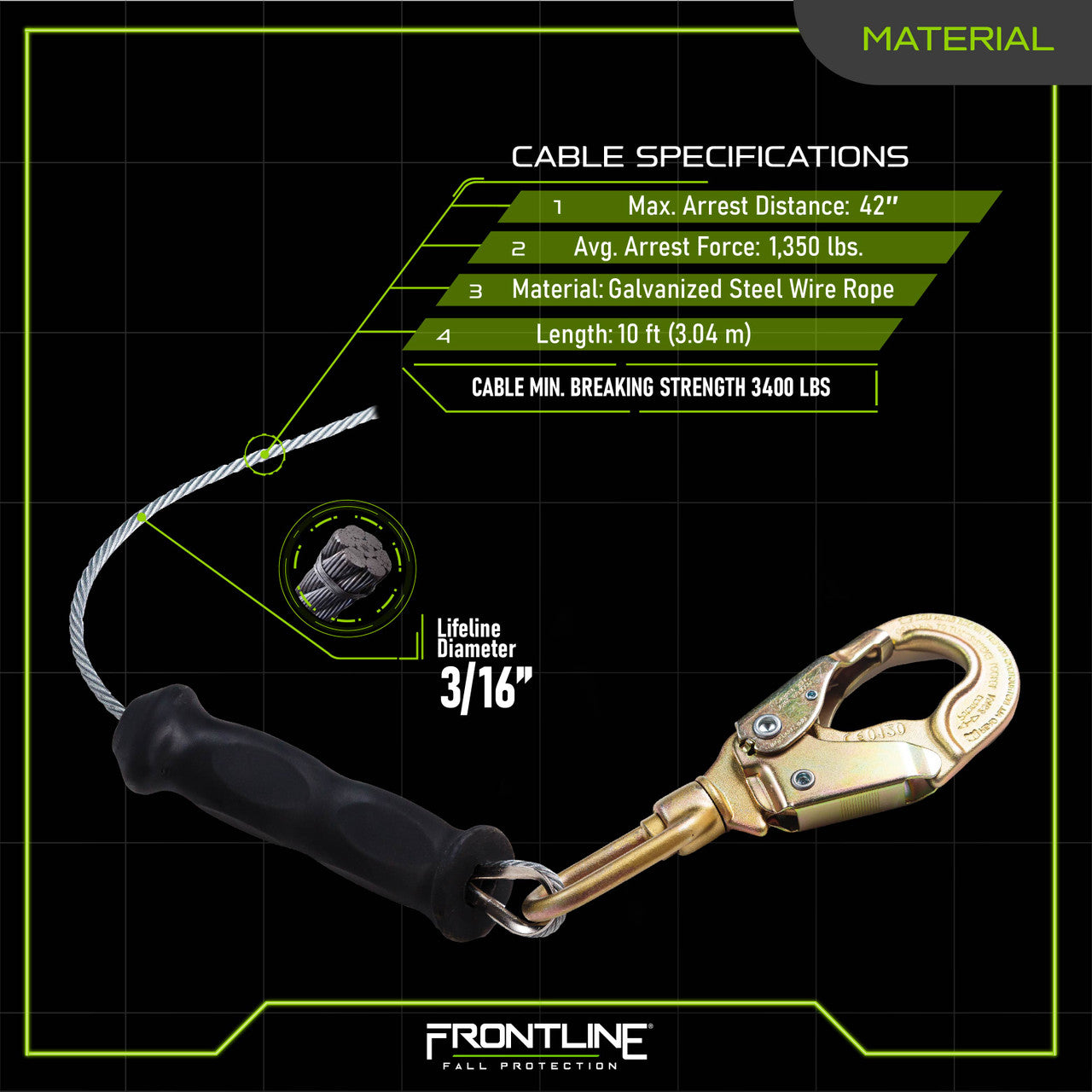 Frontline RPG10 Cable Single Leg SRL with Steel Snap Hook End (10 ft)